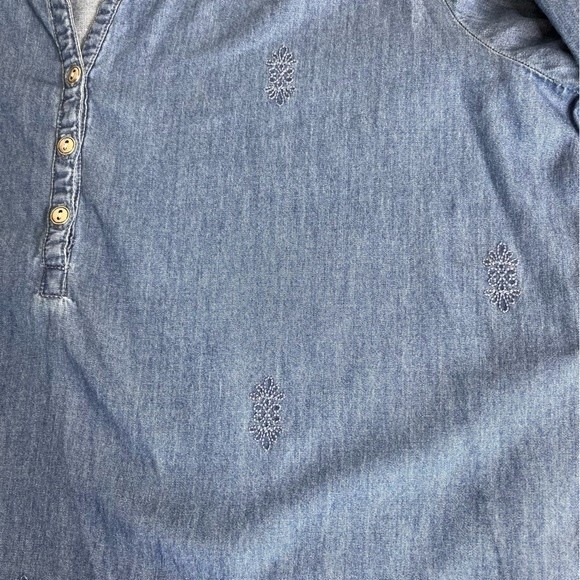 Nurture Chambray Denim Roll Tab Sleeve Embroidered Blue Shift Dress Women XL - Picture 15 of 16